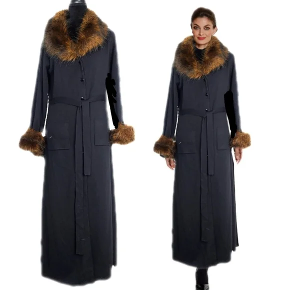 Nancy Bolen Womens Belted Black Wool Mix Faux Fur Collar Cuffs Coat Sz M EUC - Picture 2 of 9